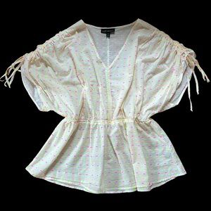 Lane Bryant ivory cotton top neon Swiss dot 14/16 ruched sleeves summer